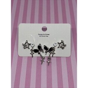Korean Black Butterfly Drop Earrings with Cross Charms & CZ Studs